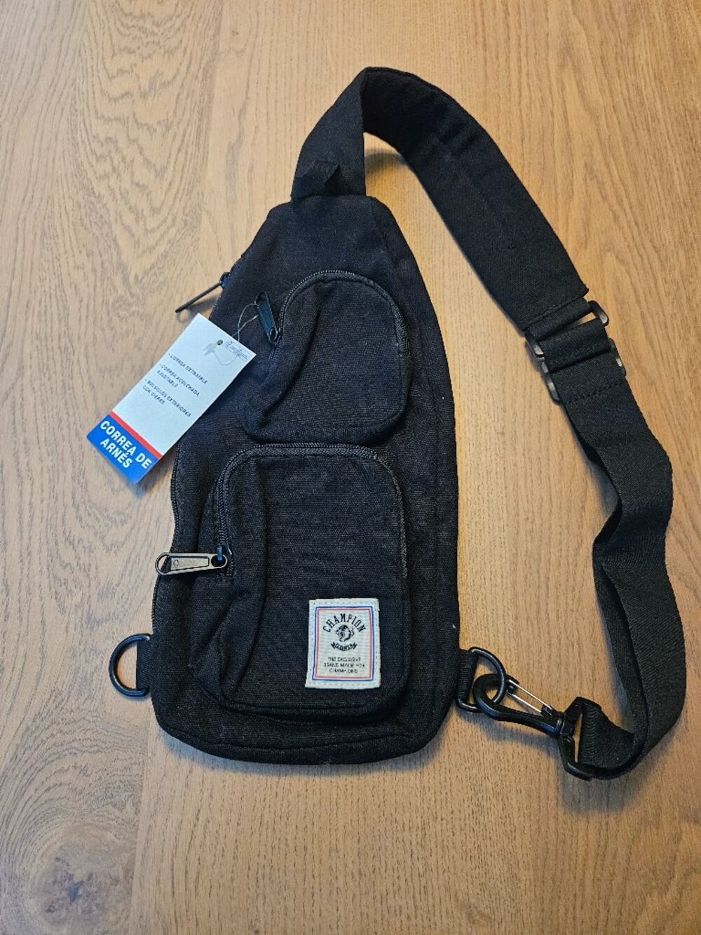 Champion Sling Bag Black Canvas Crossbody Bag Reversible Padded Adjustable OS